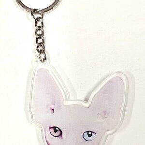 Acrylic Cat Keychain Sphynx Face Heterochromia Eyes Blue & Hazel Cute Pet Lover